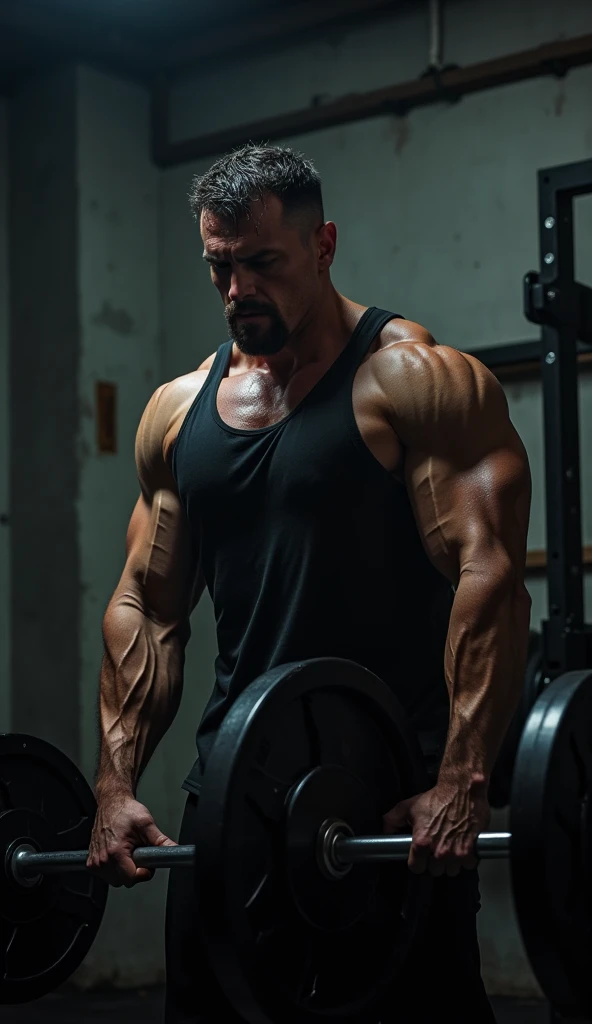 man strong, muscular arms and legs, in gym, holding dumbbells, image background in black and purple colors, where the color black predominates