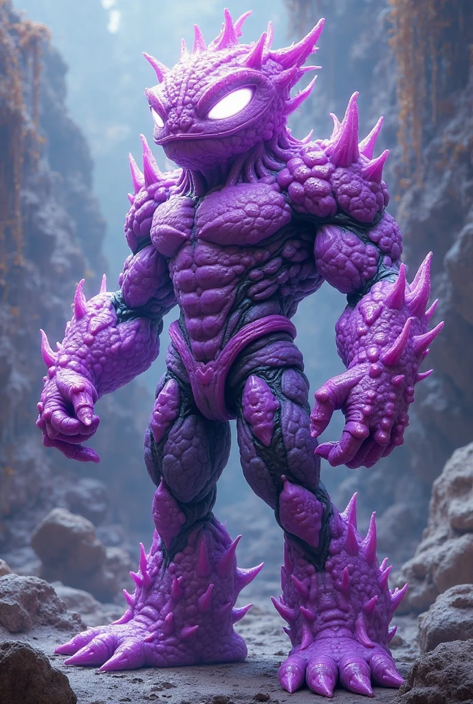 (Best quality), (((anime art style)))A muscular, purple humanoid creature stands with a slightly hunched posture, exuding an eerie, otherworldly presence. (((Its head is elongated, with a pronounced nose and large,))) glossy black eyes that dominate its facial features, giving it a somewhat unsettling gaze. The creature's skin is rough and uneven, resembling the texture of weathered stone or aged leather, adding to its alien-like appearance. Its body is robust, with a thick neck leading into broad shoulders, while its arms are long and sinewy, hanging low with clenched fists that suggest immense strength. (((The legs are short and stocky, contributing to its squat, powerful build.))) The background behind the creature hints at a dark, textured cave or an abstract environment, with dim lighting that casts shadows across its form, further enhancing its menacing and mysterious aura.