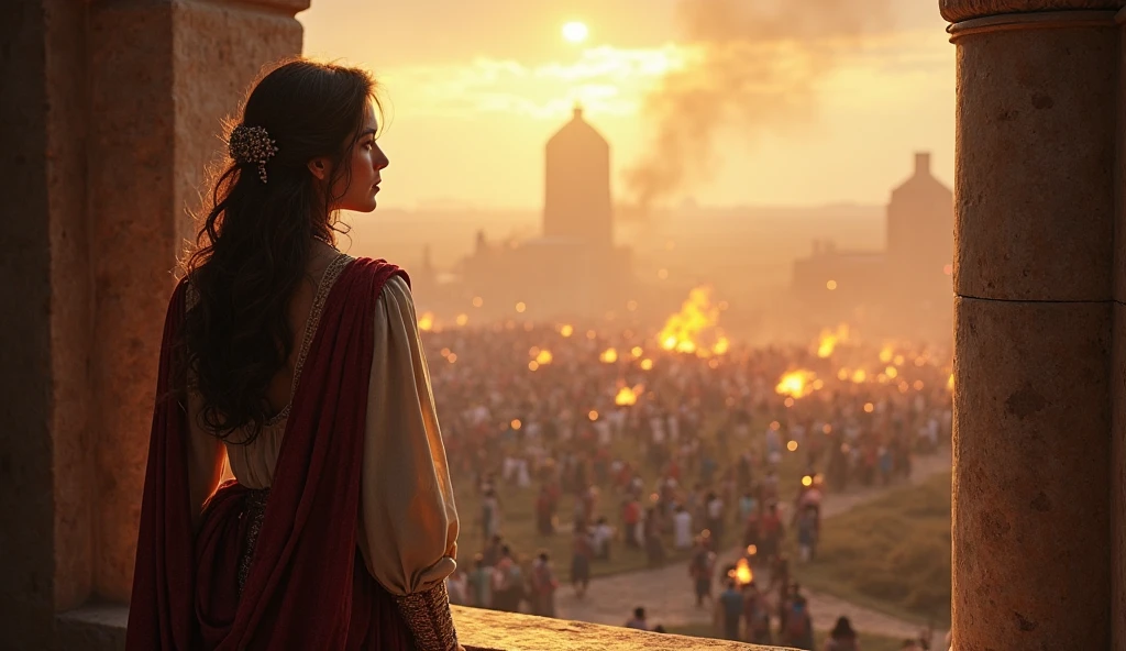 Beautiful woman cry so hard when the Stones as big as houses and flames and swords fall from the sky down to the Indian royal palace, men and women run in fear,  in 1000s
