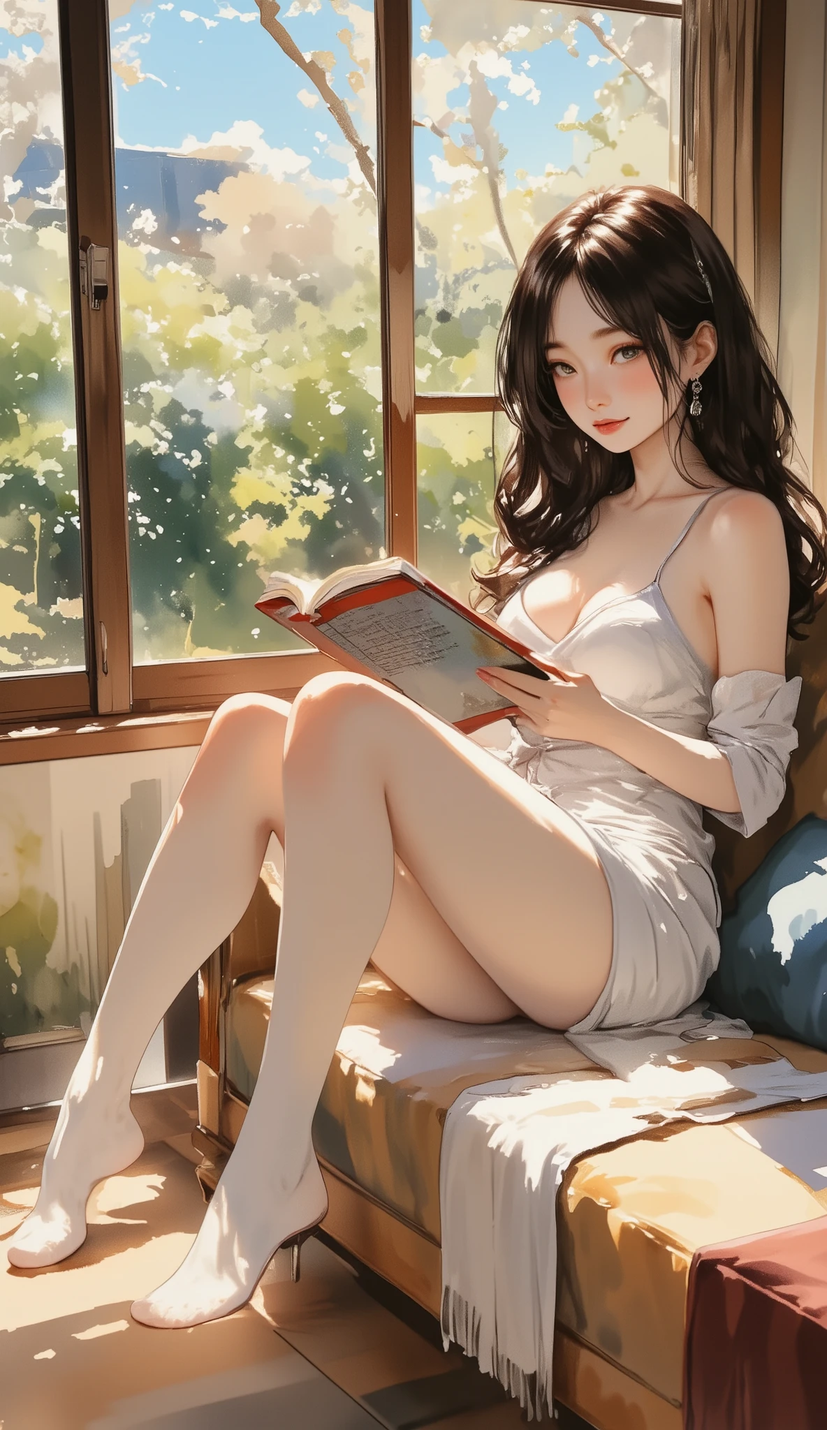 Beautiful slender thin exquisite () (Girl 16 yith a perfect southern type face) with short dark burgundy hair (with tender beautiful breasts with tenples) barefoot with ighs ((in an unbuttoned open pink shirt over his naked body and short maroon sh) (is sitting) (on a brick road) in the middle of a flowering field (with a glass of wine) ((and, trickles between legs)), ((jug of wine and books)) in a gentle watercolor style, Discreet shades, sfumato, haze, diffused dim light, delicate mint shades, imitation of film photography, (olive and grape groves, Brick Road), (High image quality, Maximum detail), (sunset lighting, Warm evening shades, warm golden and olive sunset light)