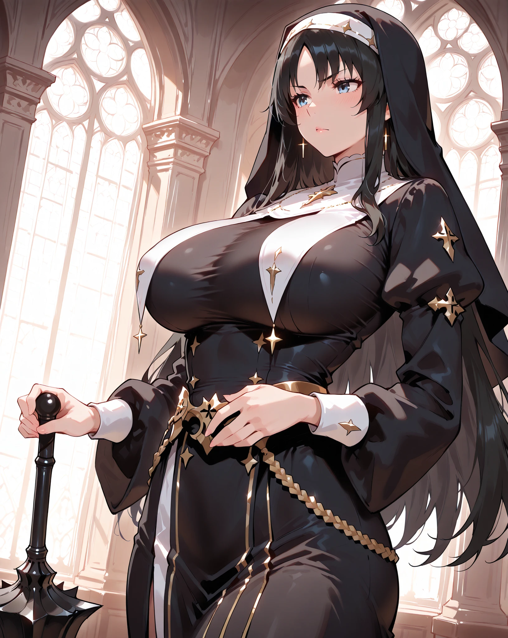 Megalithic circle scenario, Italian girl 25 years old, truly gigantic breasts, very long black hair, her arms are tied with ropes to a menir, black skirt, torn blouse containing her breasts