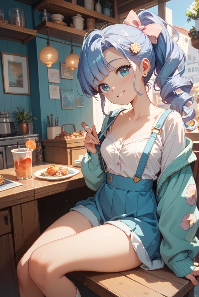 (flat:1.5),(cafe, window, sunlight, table, chair:1.5) (big ass, thick thighs:0.7), (warm light source:1.2), intricate details, volumetric lighting, Realism BREAK(masterpiece:1.2), (top quality), 4K, ultra detail, (Dynamic configuration:1.4), Very detailed and colorful details,(rainbow colors:1.2), (shining lights, atmospheric lighting), dreamy, magical, (alone:1.2), intricate details, cheeky expression, (big breasts:1.5), (green eyes:1.5), (a devastated expression, dead eyes, dark atmosphere:1.5), (darker green hair:1.5), (shoes, white dress shirt, Small hat,denim shorts:1.5), (chubby, Belly Fat:1.5), (beautiful eyes, flushing:1.5),(human ear,thin legs:1.5),(diagonal shot:1.5), (embarrassing:1.5),(dynamic angle, dynamic pose:1.5)