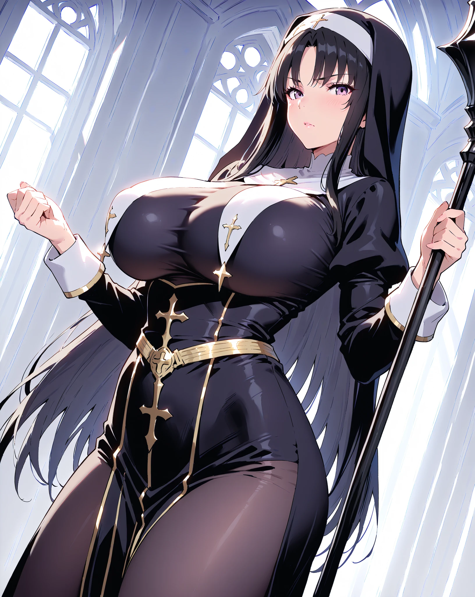 standing, (Off-the-shoulder white wedding dress, choker, silver tiara, necklace, earrings, church background, (cathedral background), stained glass, vitril, (sunny weather), Litchi Faye-Ling, mature woman, anime cels style, best quality, high resolution, 1girl, (huge breasts:1.2), beautiful face, Beautiful Finger, Beautiful long legs, Beautiful body, Beautiful Nose,Beautiful character design, black hair, very long hair, Bangs,purple eyes, (cowboy shot), smiling, looking at viewer