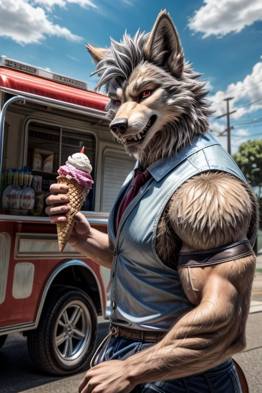 Robust guy, wolf head, ice cream man outfit, gray hair, red eyes, wolf ears sharp teeth, robust body, pose elegance ice cream truck background backdrop, angle Knee to head