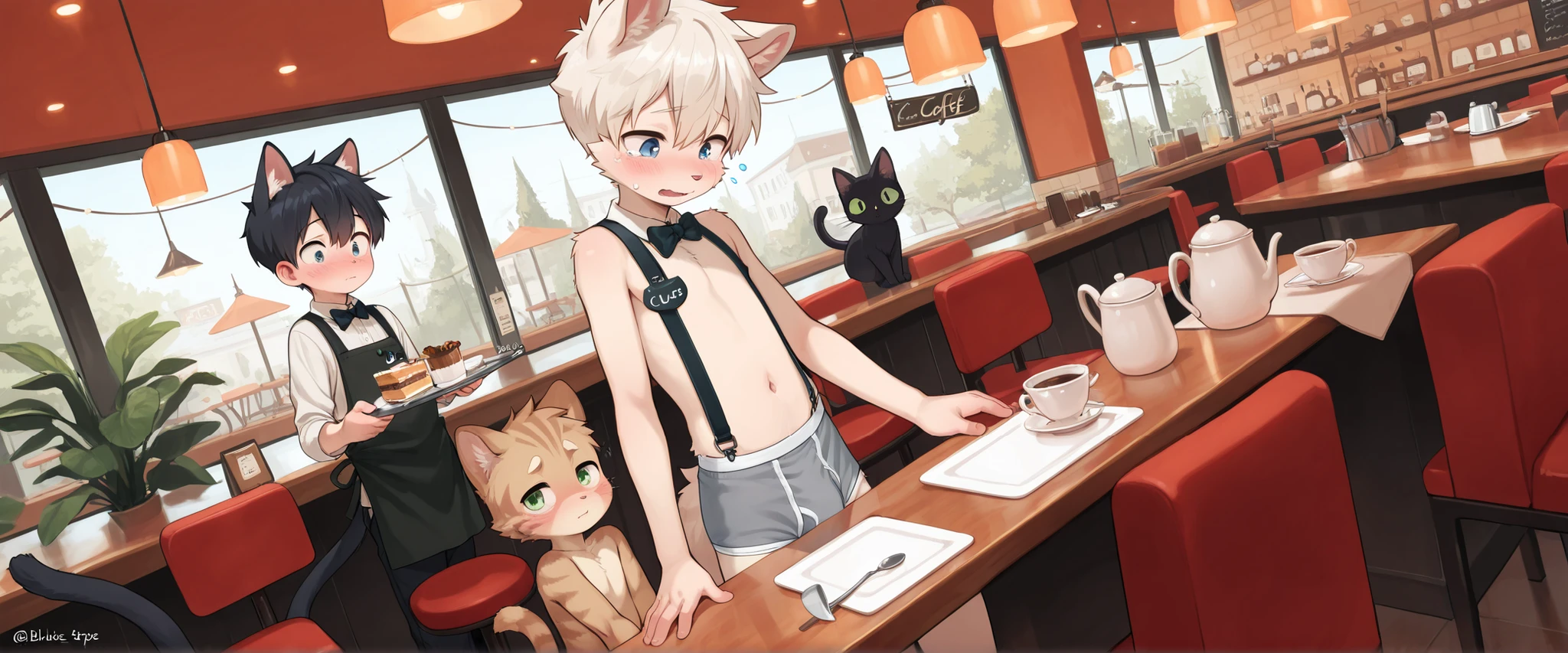 (masterpiece), best quality, perfect face, 2 topless albino white furry shota snow leopard boys, blushed, tongue out, topless, serving, navel, lined up, café, innocent boy, ribbons, bow tie, restaurant, tugging bike shorts, bike shorts