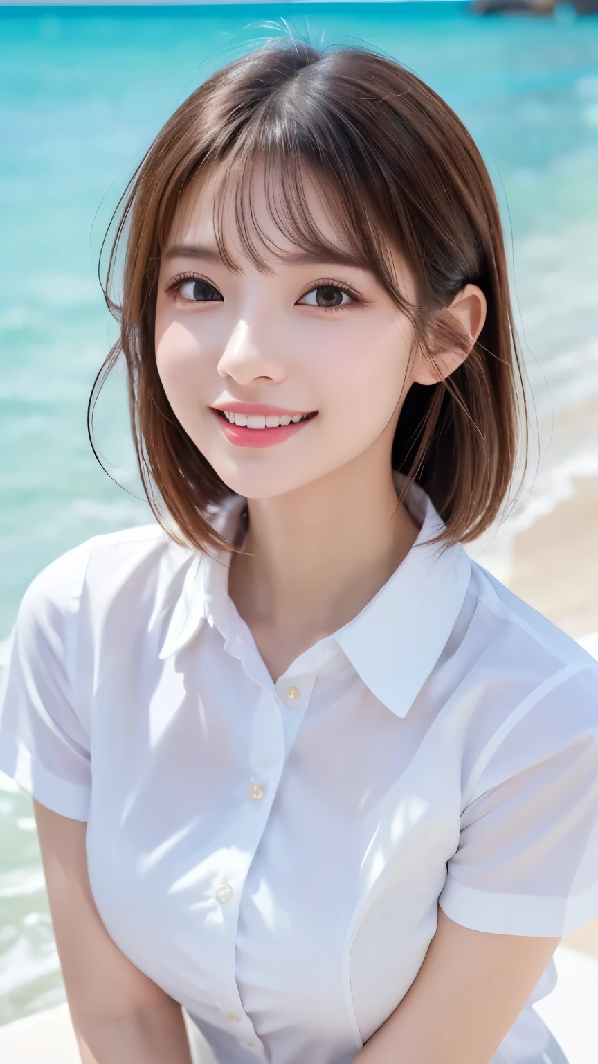 ((best quality、table top to pinch、8k、best image quality、very elaborate and detailed))、(1 person photo:1.1)、( look at me with the best smile :1.1)、(Beautiful Beaches:1.1)、(white polyester short sleeve collared shirt:1.1)、(The perfect short sleeve collared shirt:1.1)、highlight your body line、 The most natural and perfect sea background 、The most beautiful and clear sea、(very big breasts:1.1)、(face up:1.2)、 GLAMOROUS BODY 、Fluttering Hair、sandy beach、 beautiful ocean、The clearest and most shining sea、Complex sea light、The most detailed and realistic ocean、 beautiful oceanの細部まで描かれている.、(Very brightly lit face:1.2)、Ultra HD beautiful face、(super high resolution perfect and beautiful teeth:1.1)、ultra HD hair、Ultra-high definition sparkling eyes、(pure white skin that shines in super high resolution:1.2)、 Super Quality Shiny Lips、 Cutest Gravure Poses 、(Very bright and vivid:1.2)、(Very bright:1.2)、(Very refreshing:1.1)、(radiant white beautiful skin:1.2)、(Very strong exposure:1.2)、(Pure white skin that shines Very brightly:1.2)、(Very strong highlights:1.2)、(Very bright and glowing skin:1.2)、blurry background,Big Breasts
