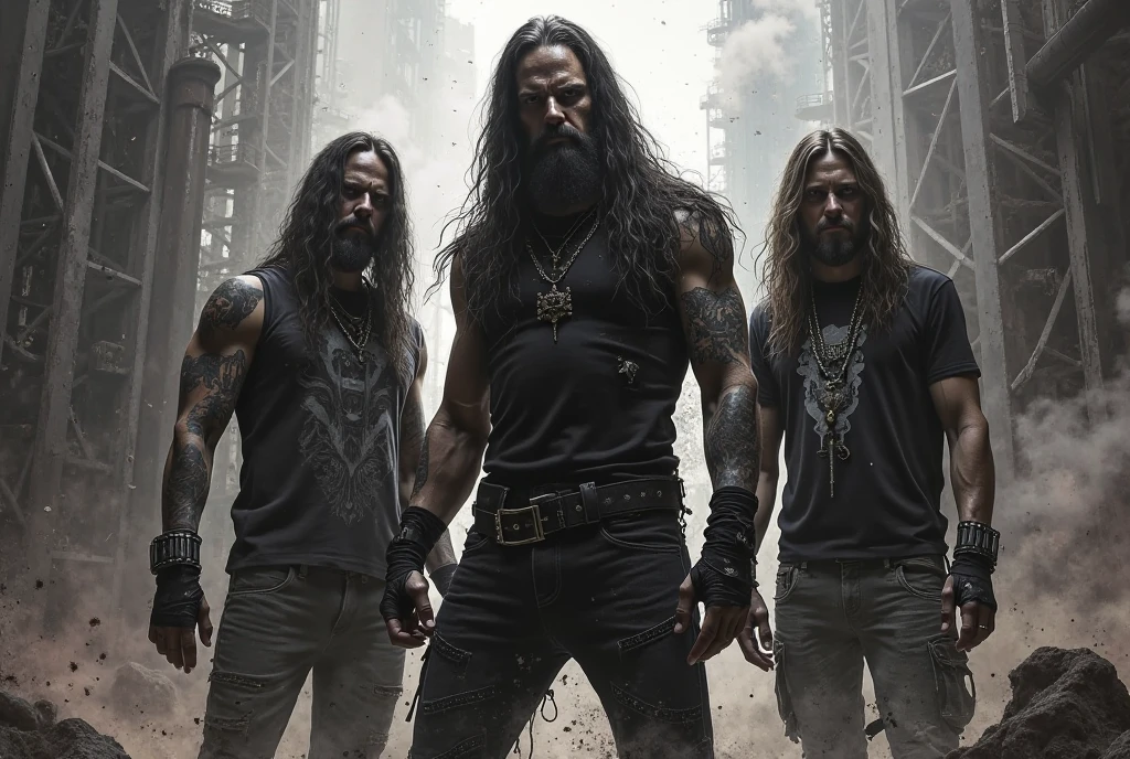 Three people man like group band,long hair and some facial hair on his face,SERIOUS LOOK,strong,tattoos,dressed as a metalhead