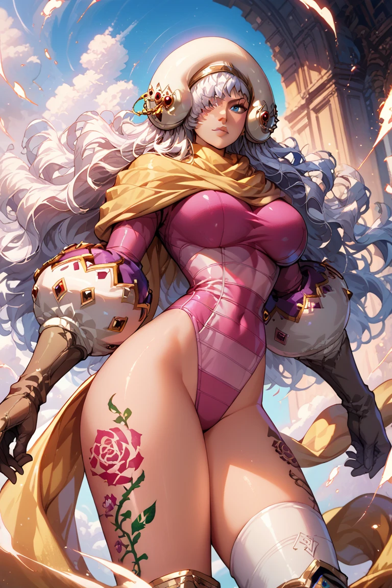 score_9,score_8_up,score_7_up,
charlotte,long white hair,right thigh rose tattoo,blue eye,hair over one eye,purple lips,
pink leotard,long sleeves,large breasts,
scarf,gloves,boots,helmet,giantess,looking at viewer,
standing,     
outdoors,solo,
