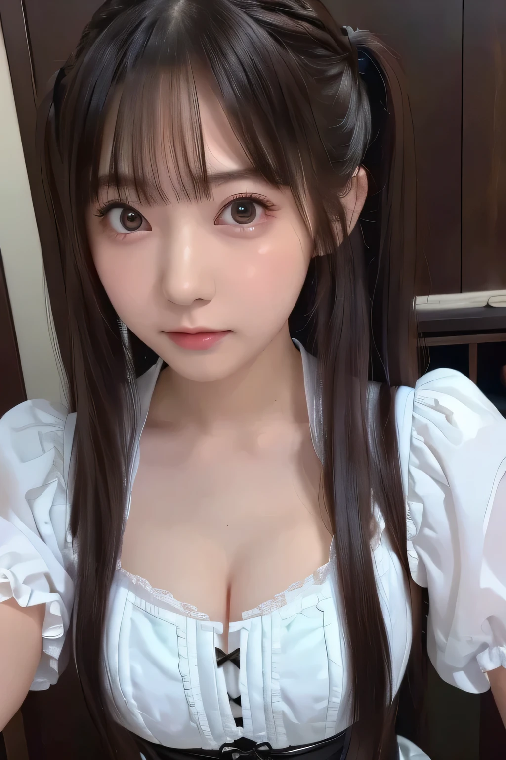 8k、Highest quality、masterpiece、(head shot:1.23)、One cute girl、round face、Idol face、(Flat Chest、slim、Flat Body:1.23)、Twin tails、Ruffled Dress、Holding a teddy bear、Girl in the forest