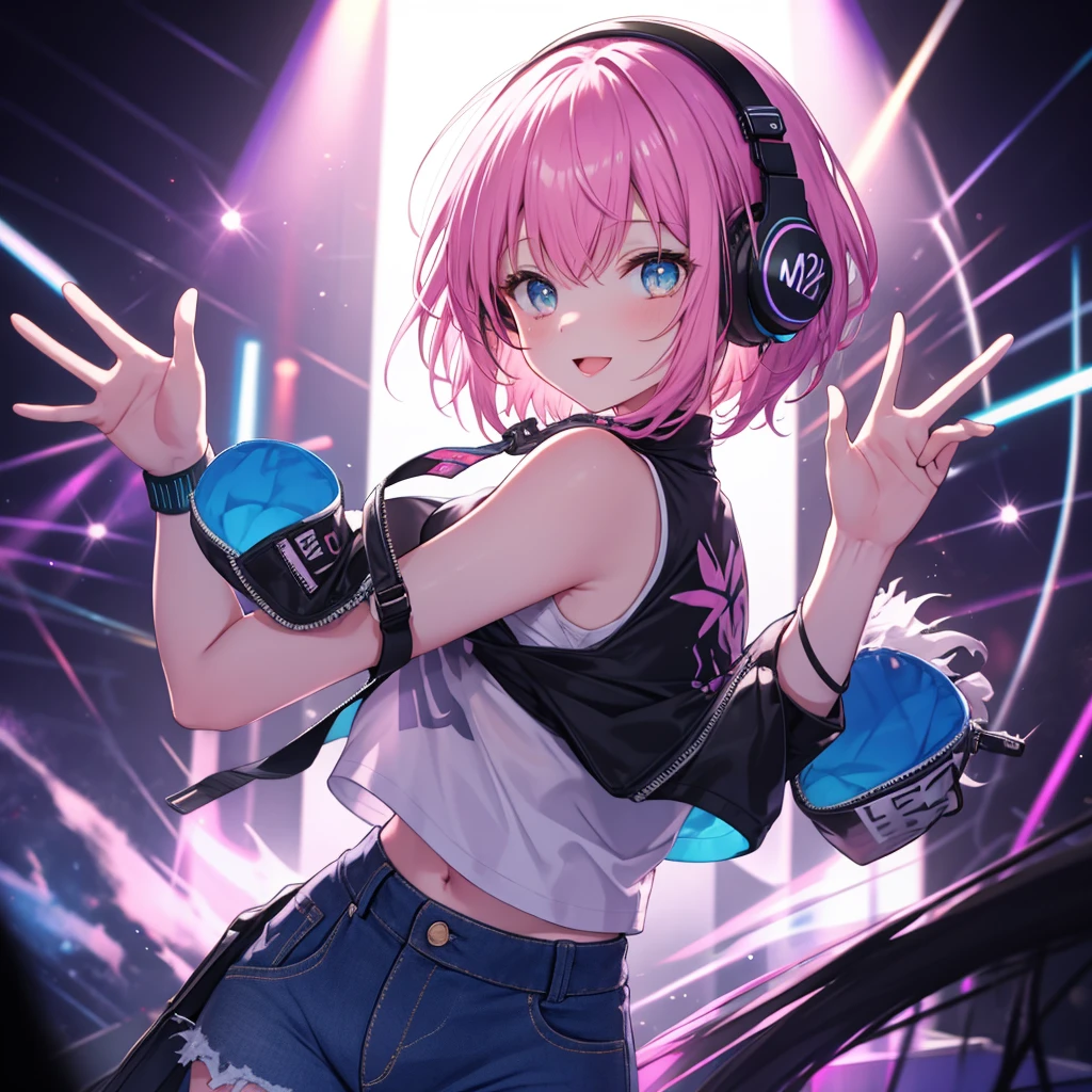 ((Crow night Red full moon)),(music stage Shiny Earrings Neon Pink Neon Blue purple), Sweat A tense look Also々funny Face Headphones
There is red heir men behind her