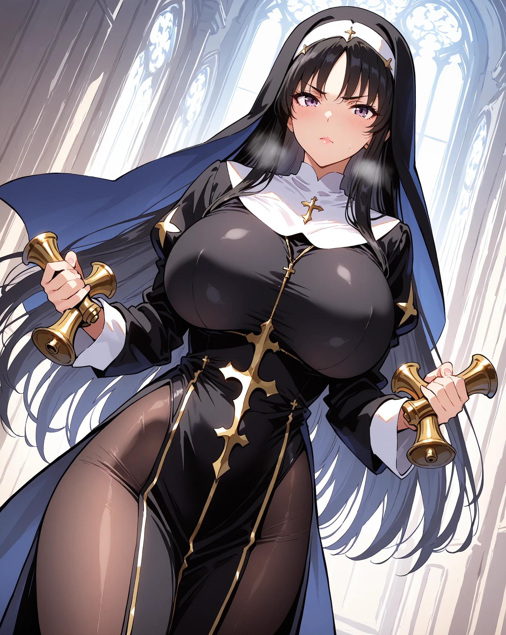 (Masterpiece: 1.5), (Best Quality: 1.5), Perfect Eyes, Perfect Face, Detailed Eyes, Volumetric Lighting, 1 Woman, Mature Woman, (Whiteness: 5), fox ears, fox tail, dark brown hair, green eyes, long hair, sexy, cowboy shot, massive breasts, cleavage, nun dress, nun habit, revealing cloths, lewd gaze, lewd smile, blushing,