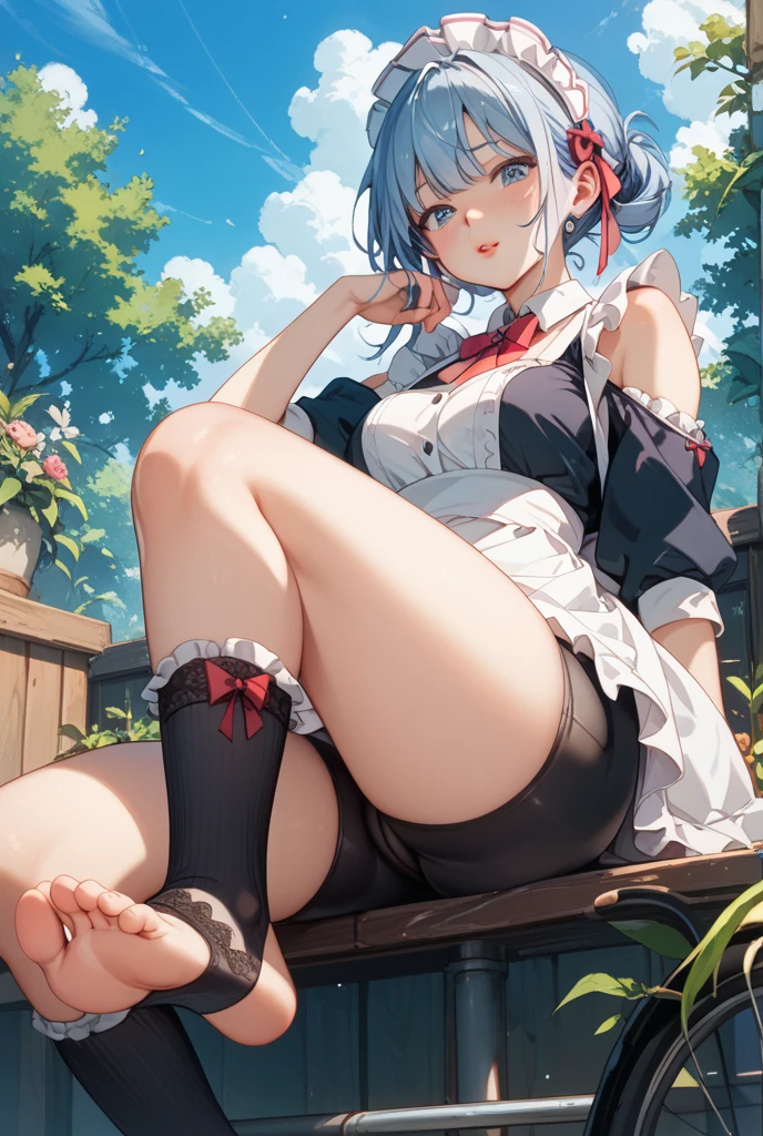 (masutepiece, 4K, Best Quality, Highly detailed, 1girl in, Solo, Outdoor small breasts, close up, maid, maid apronl, Maid headdress, Miniskirt, Bare legs, Bare shoulder, Detached sleeves, Sitting, Full body, ass visible through thighs, From below), Barefoot, blush, lightsmile,, Blunt bangs, Hair Bow, Hair Ribbon, Red Ribbon, Light blue hair, grey eyes, Mole under the eyes, short-cut、Hair to the shoulders、Two legs、Blushing cheeks、Embarrassing depiction