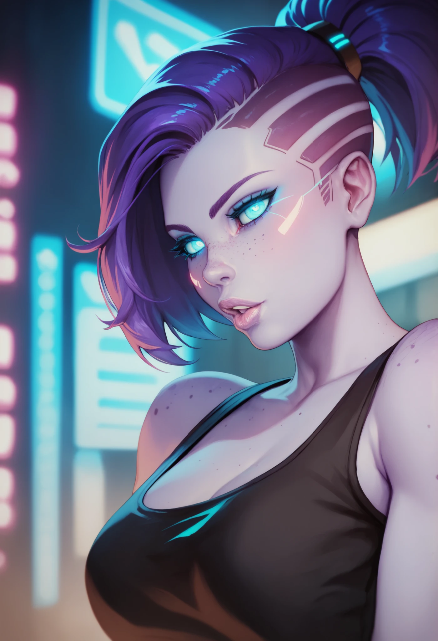 One girl, alien girl, purple skin, light blue eyes, big glowing eyes, freckles, purple hair, short hair, ponytail, face marks, detailed lips, futuristic black top, neon lights