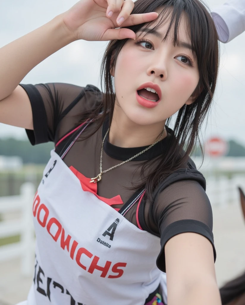 masterpiece, best quality, 1girls, race queen, smile, arms behind head, looking at viewer, in the moter show, in front of crowd, bokeh, anatomically correct