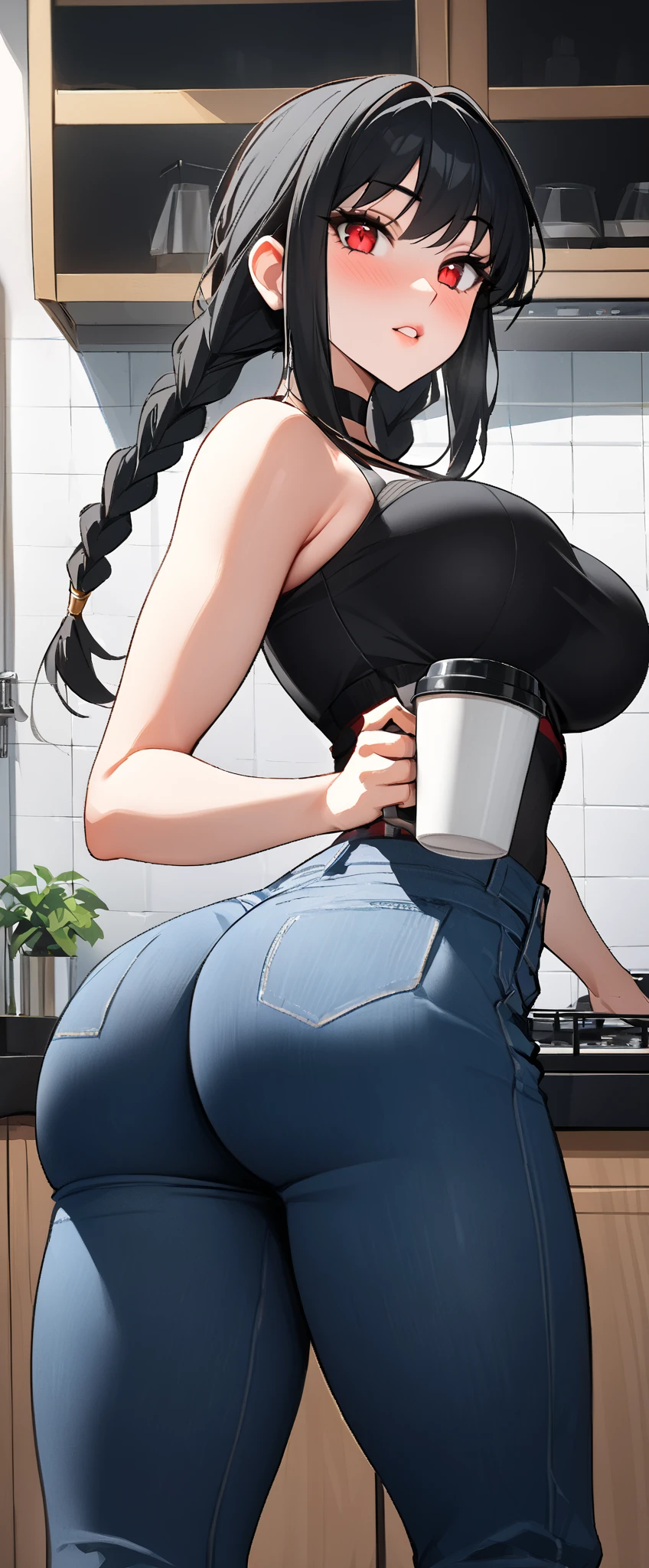 Thicc MILF mommy working at cafe, perfect body, comic, panels, beautiful, good quality, sexy, flirting, body facing camera, good lighting, barista clothes, shiny eyes, black hair ponytail, perfect ass, face camera, barista clothes, non revealing, mother, blushing, short