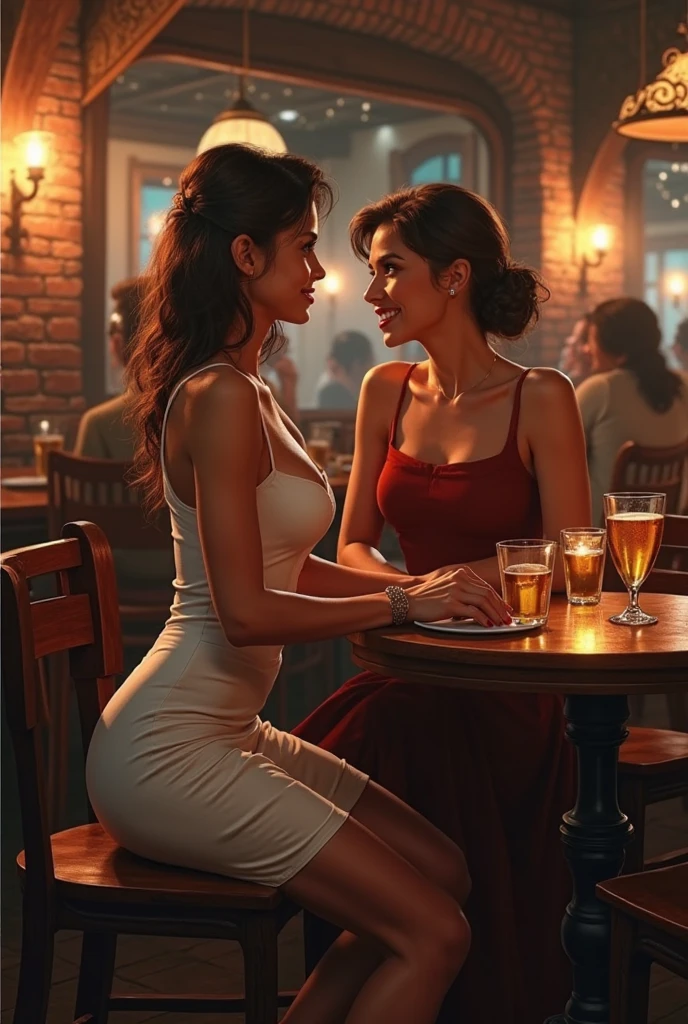 Isabela Merced and friend in red and white summerdress, (black high heels ankleboots), sitting at an italian tavern, (kissing:1.2), smiling, (big breasts:1.3), (skin texture:1.1), (high detail face:1.1),high detail body, high detail clothes, (masterpiece), (realistic), ultra high definition, 4k, ultra high resolution, film grain, cinematic lighting, rim lighting, photo by Arny Freytag, RAW image