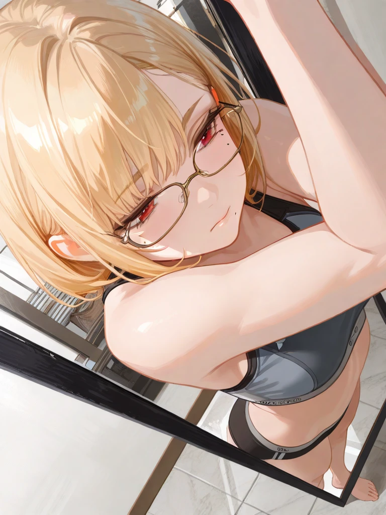 Micro Bikini、(masterpiece、Highest quality)、Highest quality, Ultra-high resolution, (((masterpiece))), alone, Sweat、Big eyes, Composition from the front、Shortcuts、Embarrassed face、Blonde、Cut your hair short、School swimming pool、short hair、Pussy Line、Browsing Caution、Butt
