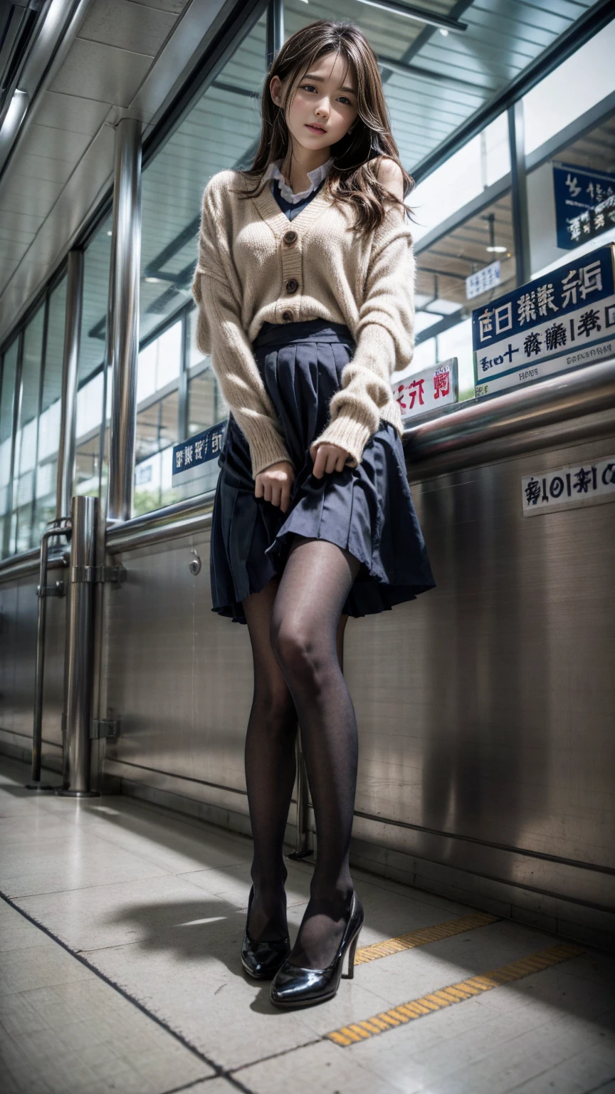 (((on the train:2.0)))、look at the camera with a smile、Skirt Lift、((((Lift your skirt with your hands:2.0))))、(Panties:1.5)、woman, 20-year-old, Short black wavy hair、bangs、(Long skirt), ((((The wind blew my skirt away, 私のPantiesを露出させてください...))))、(レースのPantiesー)、(Tilt your head a little)