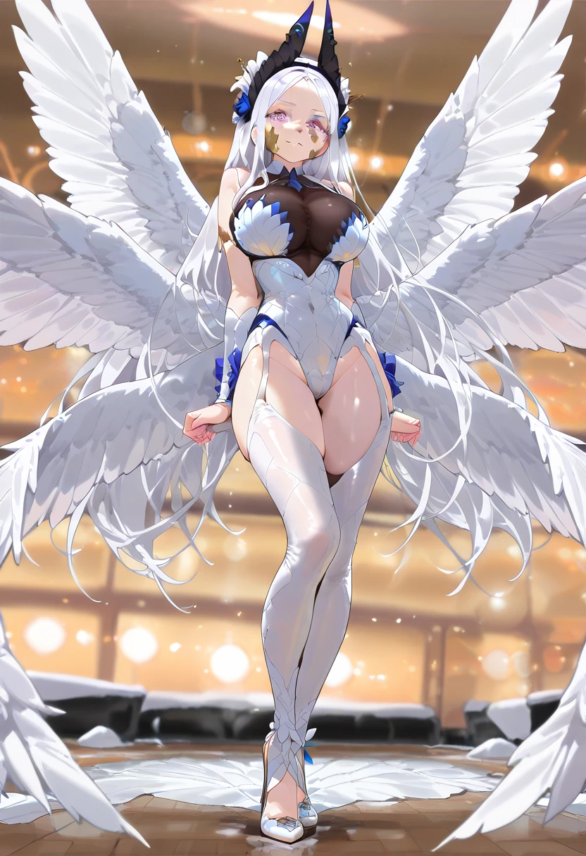 Aerial View,giant girl 50,000 feet high,Weight 1000kg,Has a pair of huge white angel wings,With huge devil horns on his head,Has waist-length white hair,loose hair,white wavy hair,Wearing a pair of white Mary Jane high heels,White lace gloves,White lace pantyhose,Pantyhose with bow and star decorations,白色蕾丝whole body,Standing upright on a small city,Beautiful appearance,Exquisite makeup,quality,8k,高quality,Perfect proportion, Cinema lighting,film grain,Fuji colors,8k,textured skin,Super details,high detail,high resolution,fake smile,blood stains,脚底有blood stains,whole body,Obese,feather