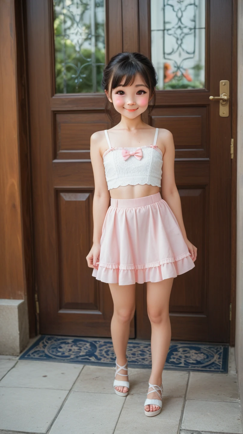 8K,masterpiece,Portrait Photography,Japanese,8-year-old girl,Big eyes,Fine grain,delicate,Extremely small breasts,Neat,Cute outfit,Bright spot,The light makes the clothes transparent,Girlish clothes,Summer Dresses,separate,Quite short in length,My belly is visible,Tank top,Extremely short skirt,Micro Mini Skirt,Micro mini chiffon skirt,Lace hem,Lace on the chest,ribbon,Medium-long hair,Cute sandals,Cinematic lighting,Natural smile,Natural pose,Reader model for children's fashion magazine,
