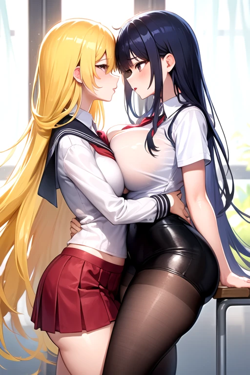 Lesbian (very long loose yellow hair)(big breasts, big thighs)(with school uniform clothes it is very tight) that he is kissing at school with his girlfriend,(big breasts, big thighs)lesbian love