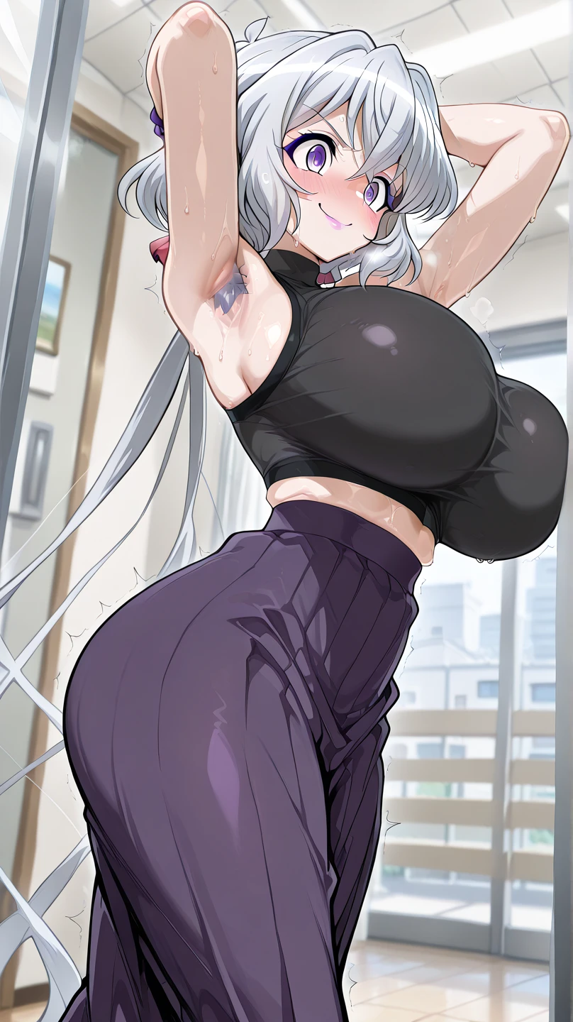 (Very sensual, Big Ass, Thick legs, Very realistic, Very sexy, 8K, Extremely detailed 8K), (Very delicate and beautiful), (masterpiece), (Better Quality: 1.0), (Ultra-high resolution:1.0),(masterpiece, Highest quality), One person,40 years old,cute,blush,orgasm,Pouting mouth,ponytail,black hair,virgin killer sweater, (sweater dress:1.2), ribbed sweater,sideboob,cleavage cutout, turtleneck sweater,(broen sweater:1.3),(crop top navel:1),sleeveless,full body,from front,huge breasts,leaning forward,breast hold