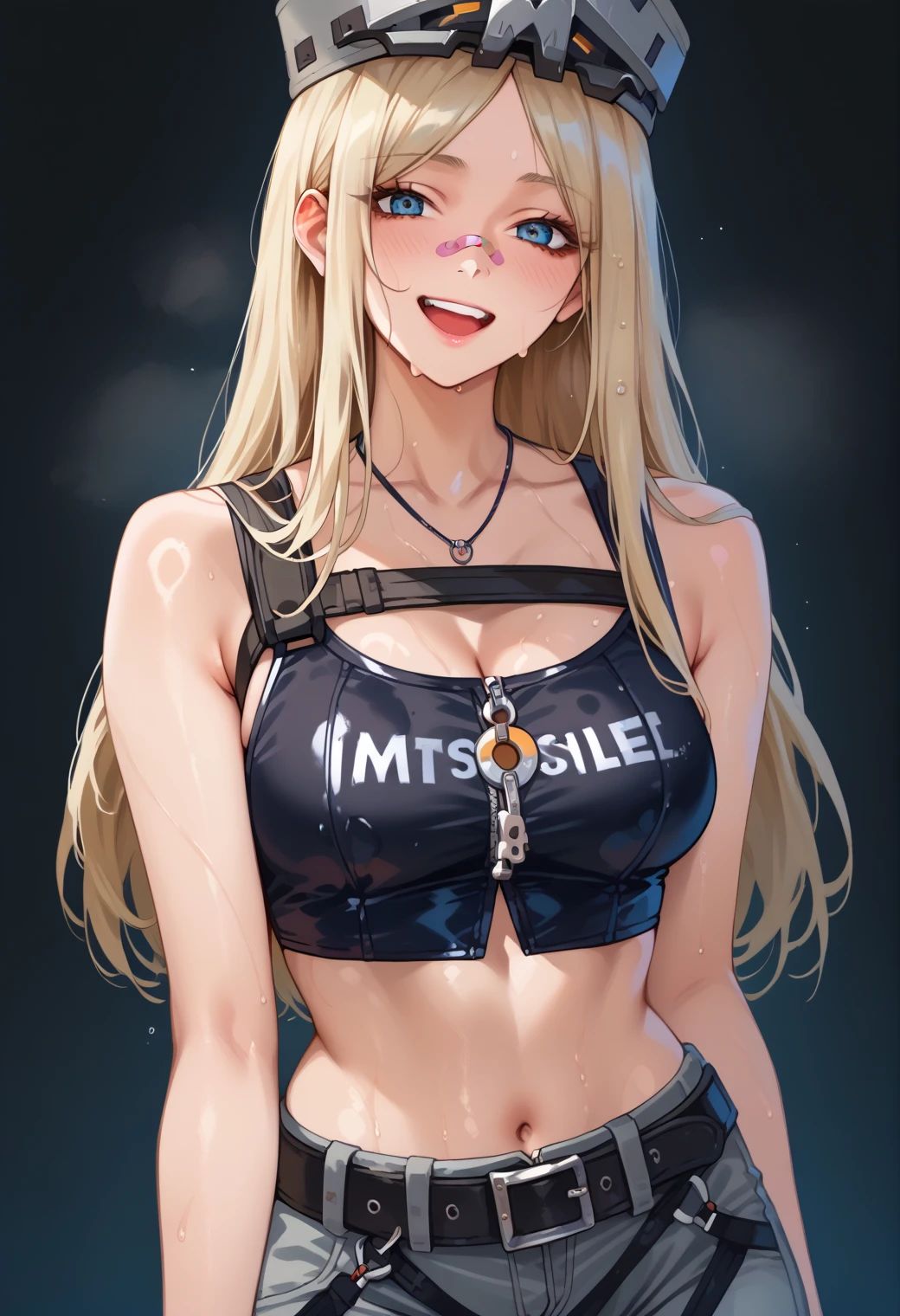 (1girl),large breasts, breasts, tan, dewy skin, sweaty skin, wavy blonde hair, punk tshirt, punk girl