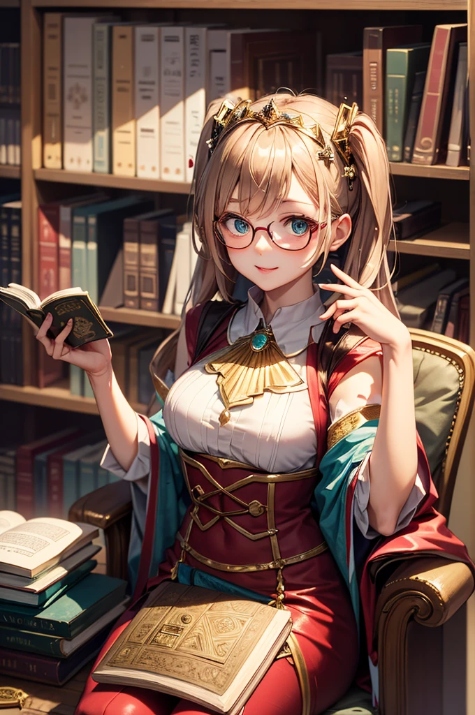 female teacher、A radiant smile、Long skirt、suit、Earrings、Glasses、brooch、belt、Pink Hair、Red eyes、Large Breasts、Too big breasts、library、gigantic breasts,bursting breasts、best quality, perfect skin