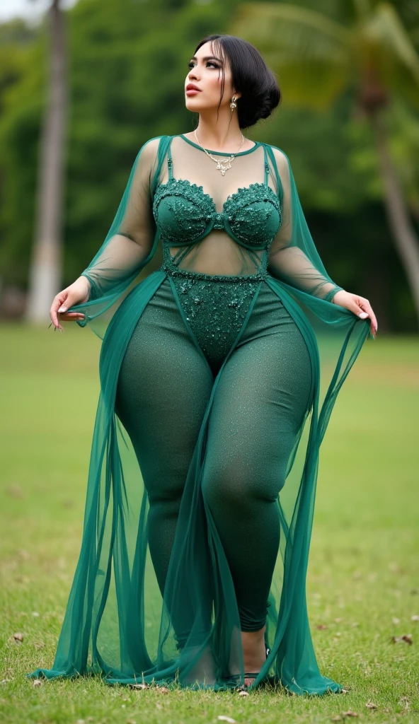 1 big woman in garden wearing transparent green long frock 