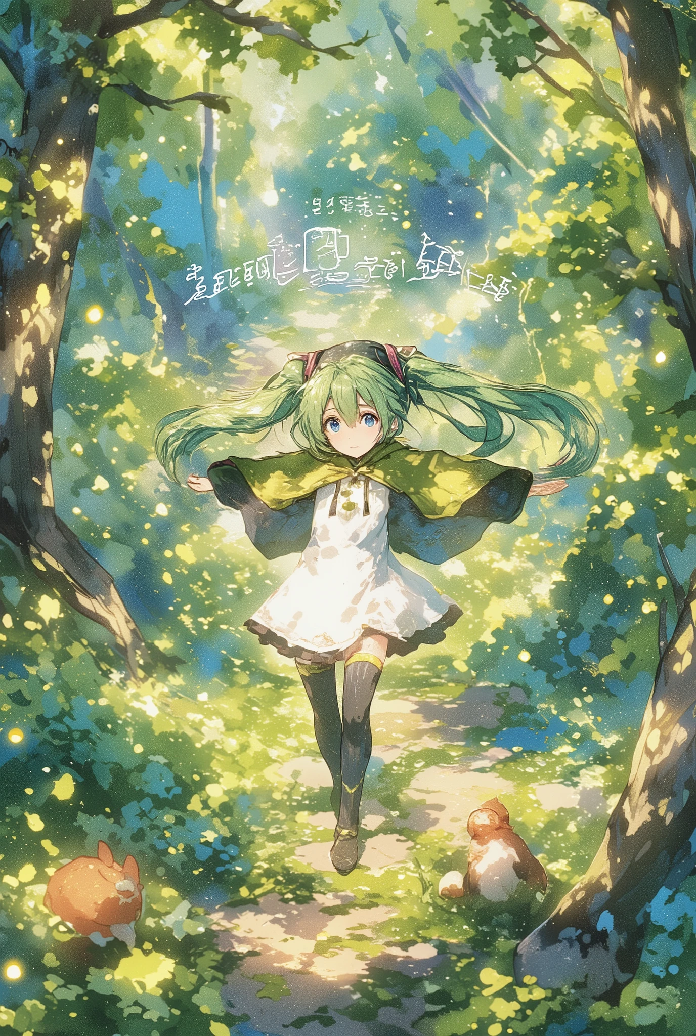 ( masterpiece、 best quality、 best quality、、 beautiful beautiful :1.2) Hatsune Miku、light green twin tails, beautiful breasts,storybook pages, watercolor illustrations, young characters by Hayashi Akiko, Cute Style, Japanese text at the top, handwritten font , soft pastel colors, Exquisite composition, break, wearing a cute hooded cloak, walking through a magical forest with glowing fireflies flying around, vintage picture book-like illustration, Soft Shading, charming and magical atmosphere by Hayashi Akiko, like innocence , 子供のPicture book style, soft watercolor illustrations, fine brushwork, pastel color palette, Beatrix Potter , by Hayashi Akiko, storybook cover style, charming and innocent atmosphere, perspective from a high eye level、Picture book style