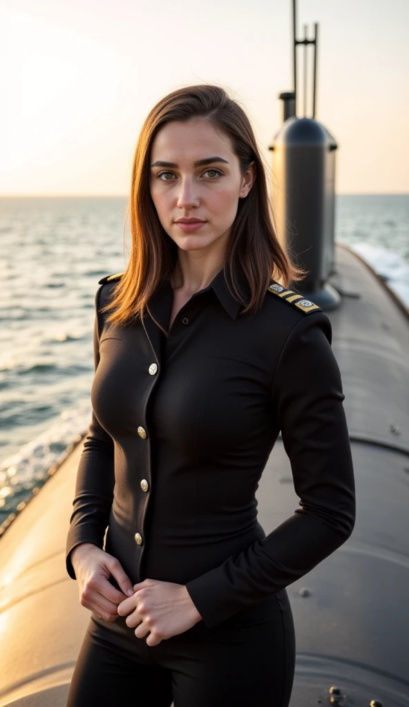(perfect quality photograph, extremely high resolution, perfect details), sexy milf on aircraft carrier, <lora:ChloeLamour:1>, tight long skirt, (tight plain tanktop shirt), shirt tucked in, (officer jacket, military uniform, uniform medals:1.4)