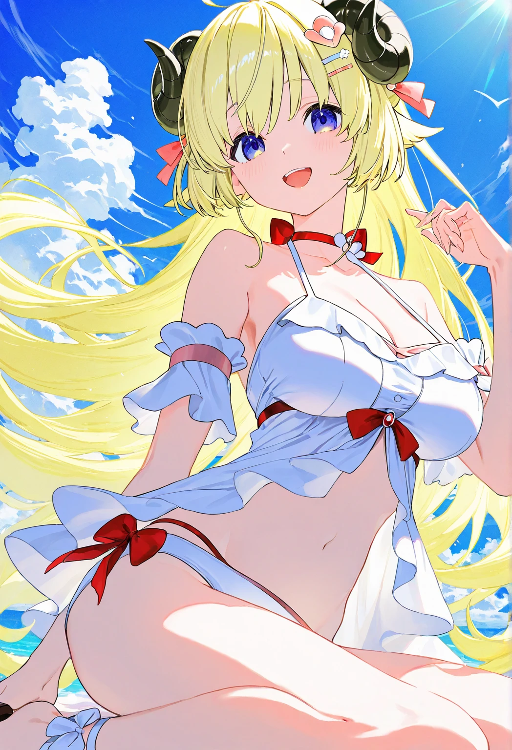 ​masterpiece、(ultra-definition)、1 girl in、独奏、Perfectly cute idol face、blonde  hair、Plump、Blue Eye Color、teats、Anime Loli、((Lori、小柄))、Soft big breasts、Cleavage emphasis、Emphasis on plump thighs、White and light blue NSFW striped bikini with narrow fabric area、High socks that dig into your thighs、