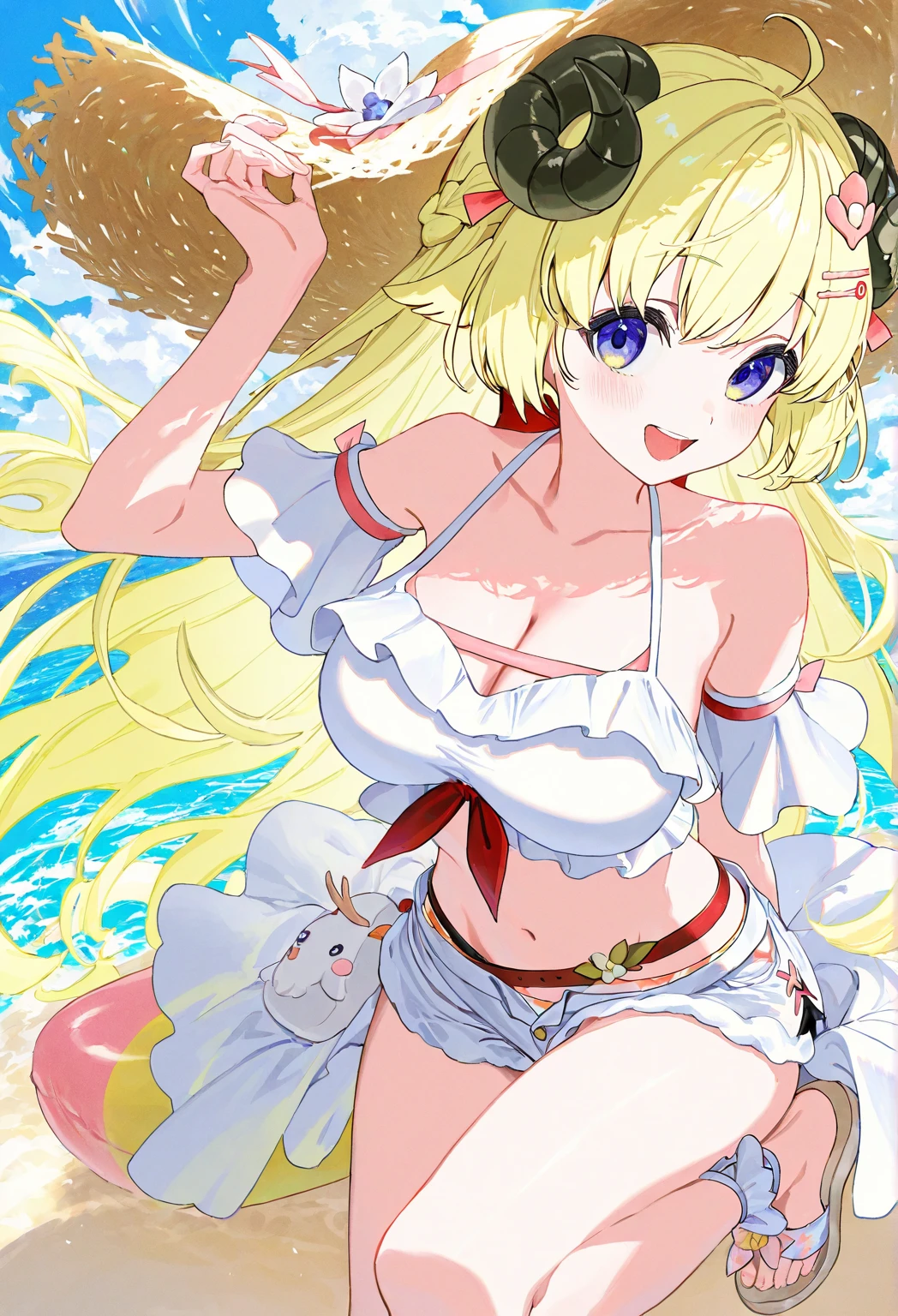 (Exquisite, beautiful, Very detailed, masterpiece, high quality,High resolution),(Soft and thin lines: 1.2, Beautiful and delicate face), （Fluffy fox ears,Fluffy tail,Beastly eyes,Small Mouth,High nose,小さなSharp Fangs）,(((Big Breasts:1.8,forward leaning posture,A pose that emphasizes the chest))),(Revealing swimsuit:1.2,Race,Frills）,She is fidgety and embarrassed,Laughing happily ,((Ocean:1.2,Sandy Beach,sunny,Cumulonimbus,Light of the sun,)),(Fluffy wavy bob hair,White skin and short eyebrows,Pale pink cheeks,Very small nose and mouth,Sharp Fangs,Plump pink lips,Quite large and fluffy bust,獣の瞳,Plump thighs,),Bright colors,Colored pencil art,Floating Hearts,牙を見せる, 