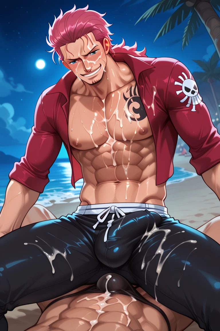 absurdres, highres, ultra detailed, HDR, master piece, best quality, Ryoumen Sukuna, pink hair, expressive red eyes, Jujutsu Kaisen, solo, sexy man, handsome, horny, lewd, black hat, fantasy black pirate clothes, accessories, showing the chest, beach, sea, petals, flowers