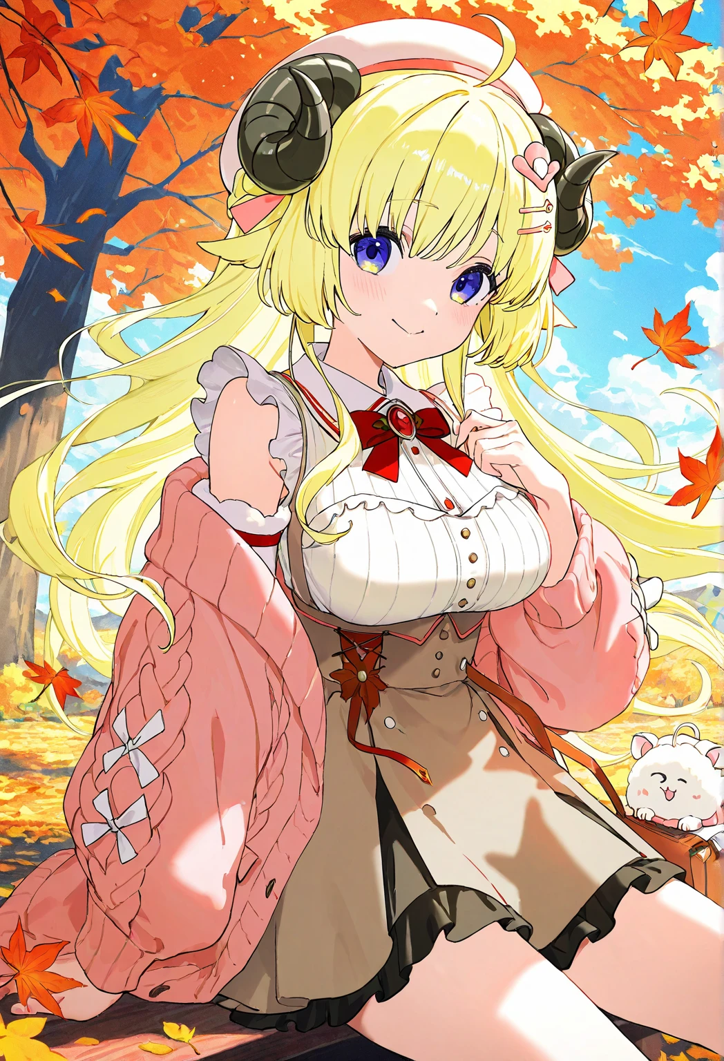 Anime girl with bright blonde hair with pale blue-violet eyes wearing a pink off-shoulder puffy sleeve dress and knee-length white boots is、Sitting in the forest next to an orange mushroom surrounded by fireflies under the stars  ,huge-breasted、(((bbw))),Large Thigh,A big smile