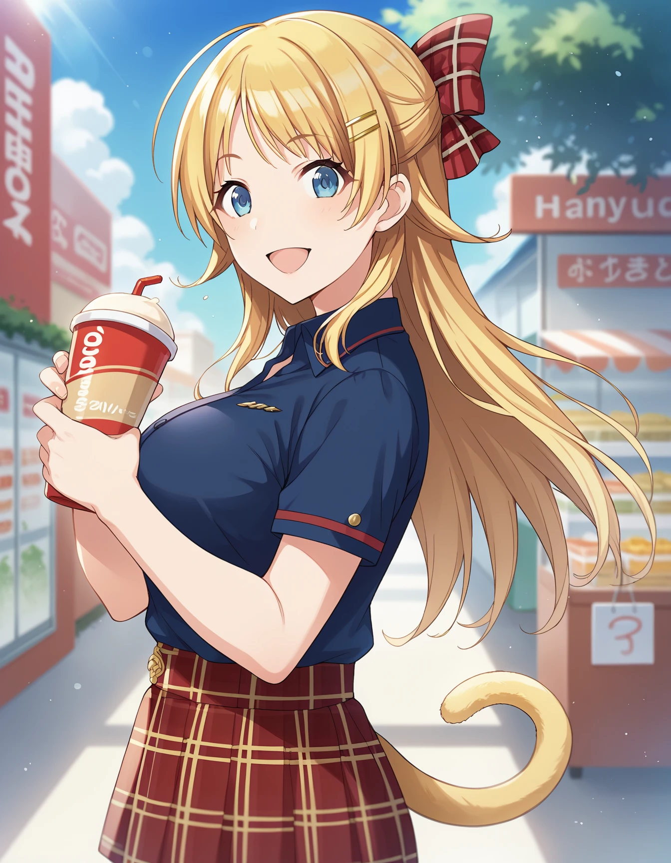 blush, glowing aura, natural light, masterpiece, glossy skin, juicy lips , ,sexy, hot, , evil,juicy lips, bimbo, hour glass, blonde hair, wide eyes, green eyes, massive boobs, dark lighting, long hair, pink bow, platform shoes, bow in hair, golden round glasses, sandy blonde hair, bimbo, cute, evil smile, no hair on forehead, no fringe, juicy lips, red shirt, fast food worker, name tag, hat, scarf tie, yellow scarf tie, holding food and drink, holding tray of food, black striped jeans,