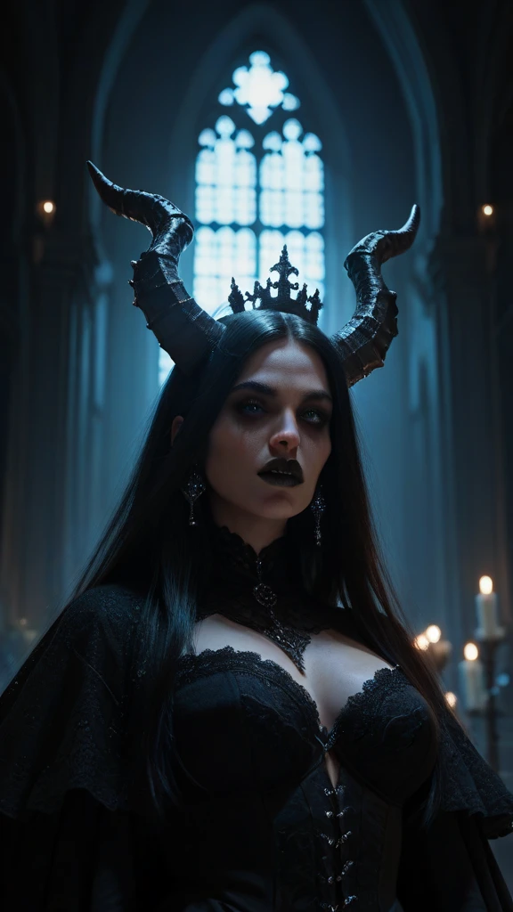 Create a vivid and chilling depiction of a soul-sucking, extraordinarily beautiful demon woman. Explore the sinister allure in her presence, blending the supernatural elements of her demonic nature with the mesmerizing charm that captivates those unfortunate enough to cross her path