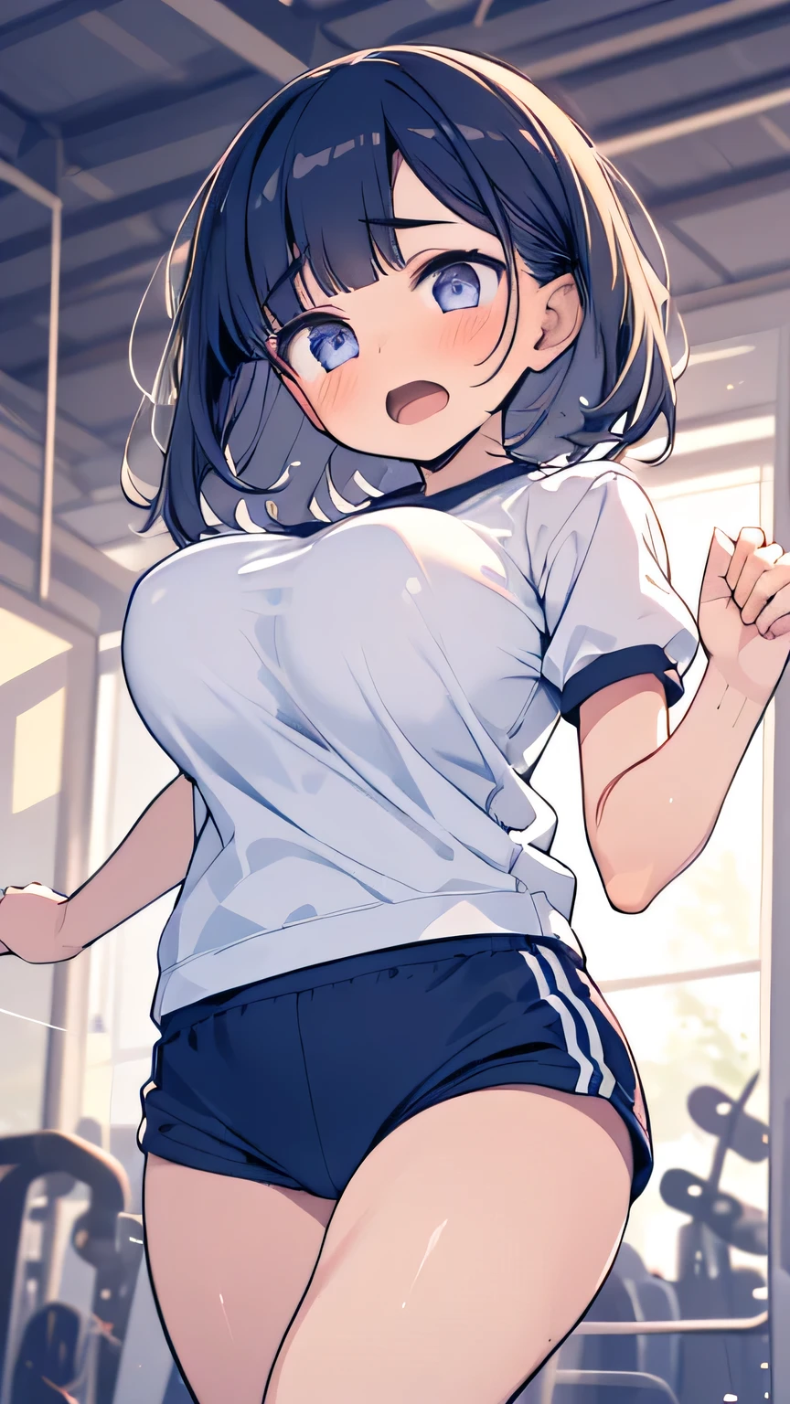 Bouncing Breasts, Asymmetrical Breasts,(motion line, motion blur blue eyebrows), 1 girl solo_focus gym uniform open_Mouth big breasts Bouncing Breasts Japanese text onomatopoeia Blush Bounce_Breasts Hetero Sincere Huge_胸 short pants 汗 Steam Ahe Face pleasant expression Dynamic Angle ground from the vagina DASH