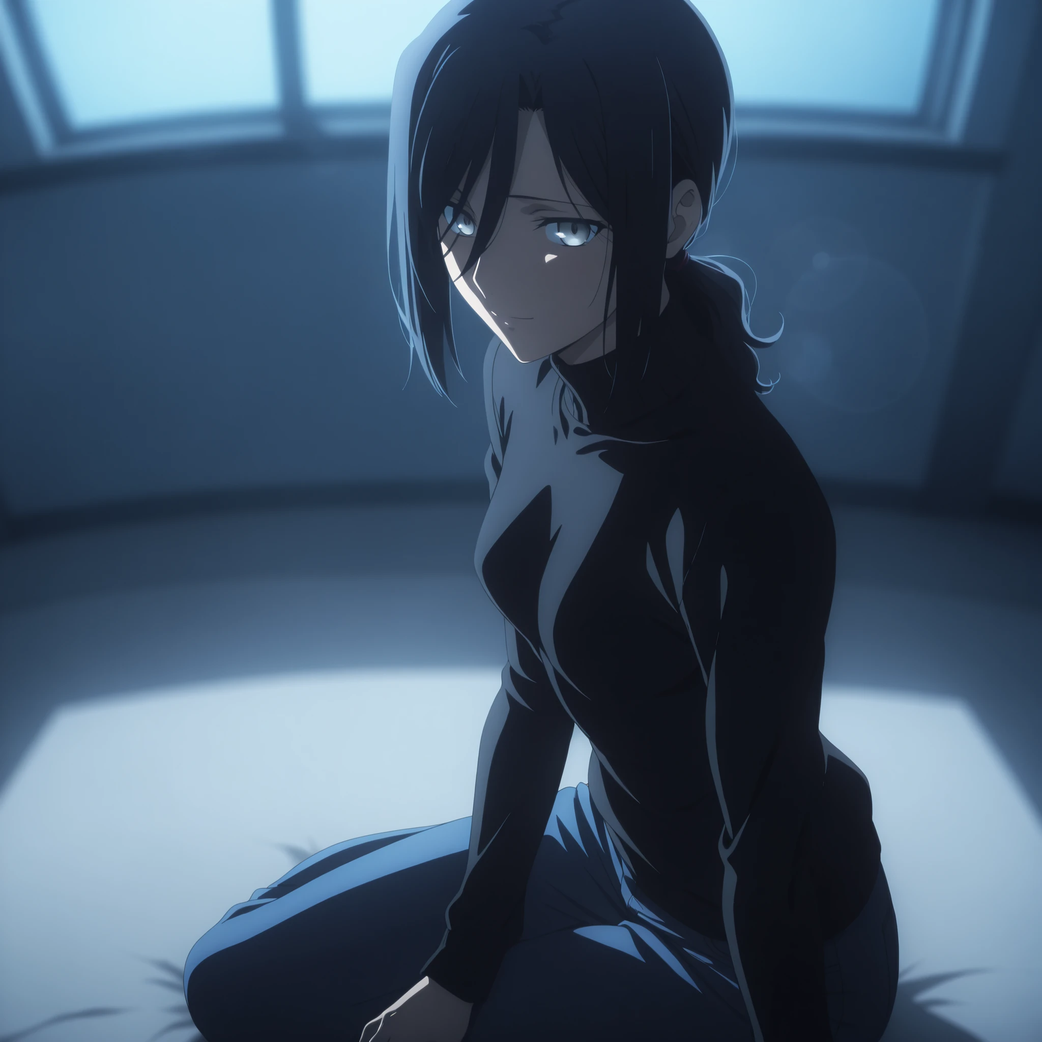 masterpiece, best quality, amazing quality, highres, absurdres, very aesthetic, high resolution, ultra detailed, perfect details, midnight, , indoors, ufotable style, from side, blue hour, from above, (lens flare, blurry background, blue hour), backlight, portrait, fisheye,
1girl, ufotable style, anime style, (anime coloring:1.5), (anime screencap:1.2) ,(aged up:1.4), light smile,
girl, mature, slim body, slender body, ,Fate Grand Order, fate, medium hair, very light parted bangs, (straight hair, low ponytail), light gray eyes, black hair, high neck sweater , black sweater, long sleeve ,denim pants, (yokozuwari ,sitting,), (small breasts), looking at viewer, embarrassed, ,