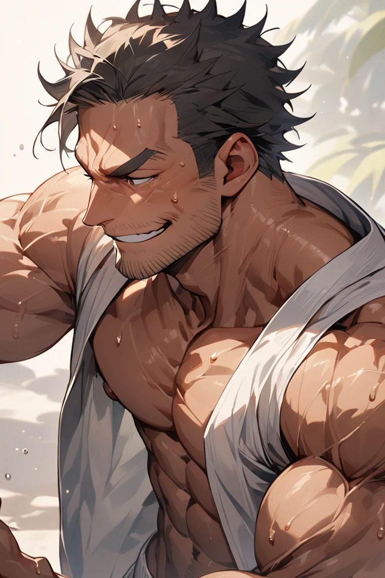 Showing off his muscular muscular back, red skin, bright red skin, the boy blushed shyly , rosy skin, shiny skin(muscular thigh muscles )( anime style, art) (photo angle from bottom up) (photo angle from the ground upwards) [Anime photo][highest quality photo][4k,HD photo quality ] wear tight and short loincloths , bulging loincloths, torn loincloths, wet loincloths, ancient, dirty loinclothuscular thigh muscles, firm thigh muscles, muscular thigh muscles, sinewy thigh muscles, giant thigh muscles, strong leg muscles, muscular hamstring leg muscles)(thigh muscles bulging as if about to explode, muscular, calloused, sinewy, giant) , Rudeus Greyrat,fun, happy, huge body, muscular and muscular, bodybuilder, bodybuilding, standing, lots of sweat flowing down, topless, shirtless, hot sunny, 8 pack abs , short hair , green eyes,  Raise your arms high to reveal your armpits, Hands behind the head.