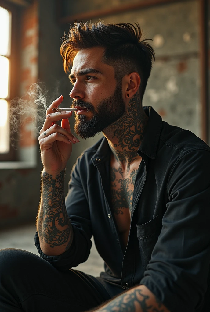 black haired tattooed man smoking