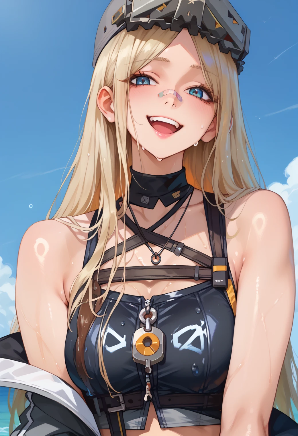 nsfw、(highest quality,High resolution)、Moderate、oil、Blonde、long hair、Detailed eyes、(Red eyes:1.5)、Detailed facial features、Strong stance、(Strong gaze:1.2)、harsh expression、Simple Background、Vibrant colors、Sharp focus、Professional、military cap、(All Nude:1.7)、(whole body:1.3)、Medium breast、vagina、(Spread your with your hands:1.5)、(Hide your arms:1.5)