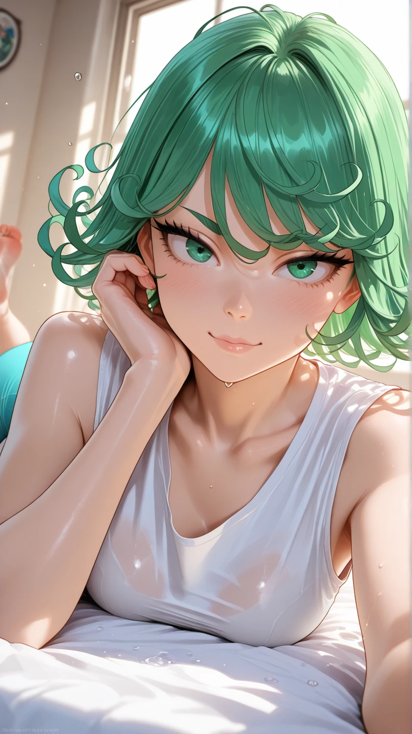 (master piece: 1.1), (tatsumaki), melanin, ((IncrsHeadpatPOV, headpat, pov)), wearing short dress, mature body, flawless fingers, ideal hand structure, she is getting a pat on the head, she is smiling, (detailed green eyes), detailed face, ((flushed face)), blush, brighting eyes, short hair, lewd face, anime style, soft lighting, bedroom, pink bedroom, perfect_enviroment, above view,