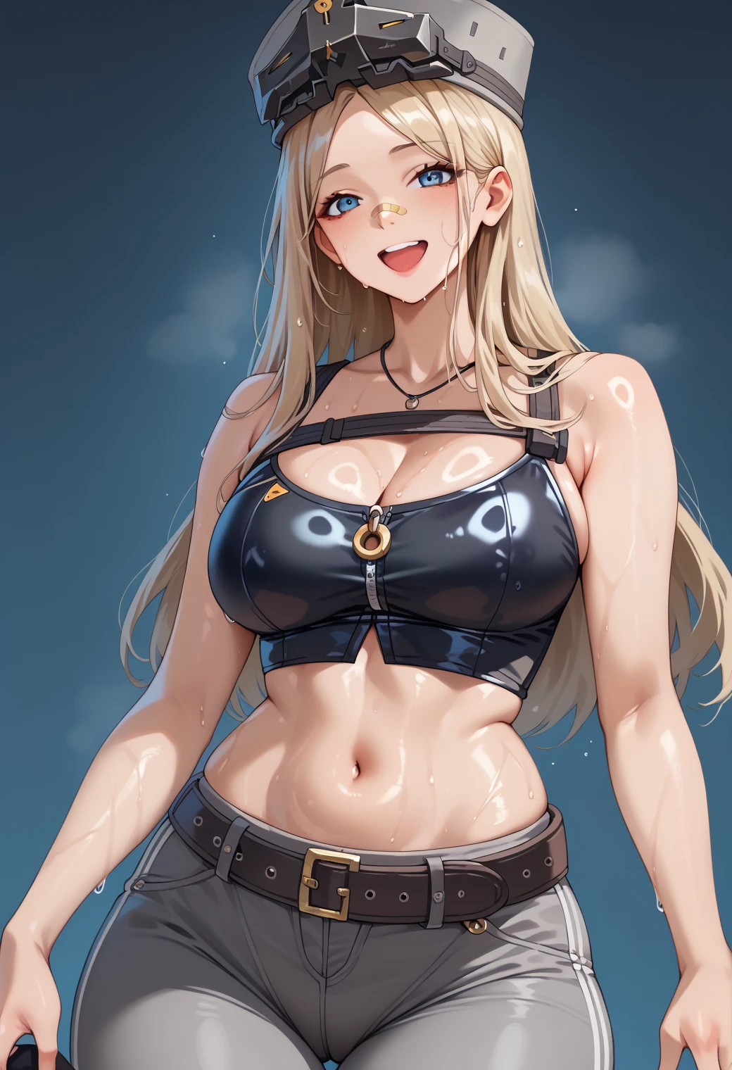 score_9, score_8_up, score_7_up, 
1girl, aoba mieko, brown eyes, long hair, blonde hair, long hair, dark-skinned female,

black crop top, sheer top, cleavage, sleeveless, halterneck, midriff, denim shorts,

smile, narrowed eyes, naughty face, looking at viewer, arms behind head,