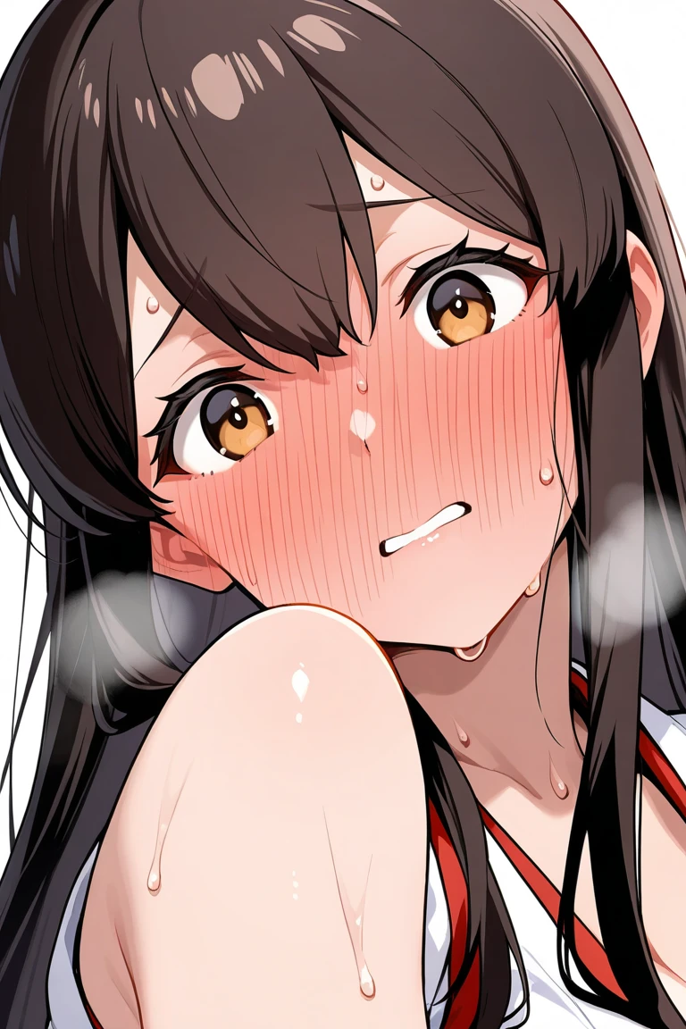 (1girl, Mayoi, monogatari \(series\)), beautiful detailed eyes, red eyes,half-closed eyes, tareme, (opened big mouth, licking, Sticky tongue), nsfw, (close-up mouth), (curvy, Slender),(cleavage), from above, Highest quality, Super detailed, masterpiece, Ultra-high resolution, 8k, Embarrassing, blush, Lovely, (With tears in my eyes), Sticky saliva