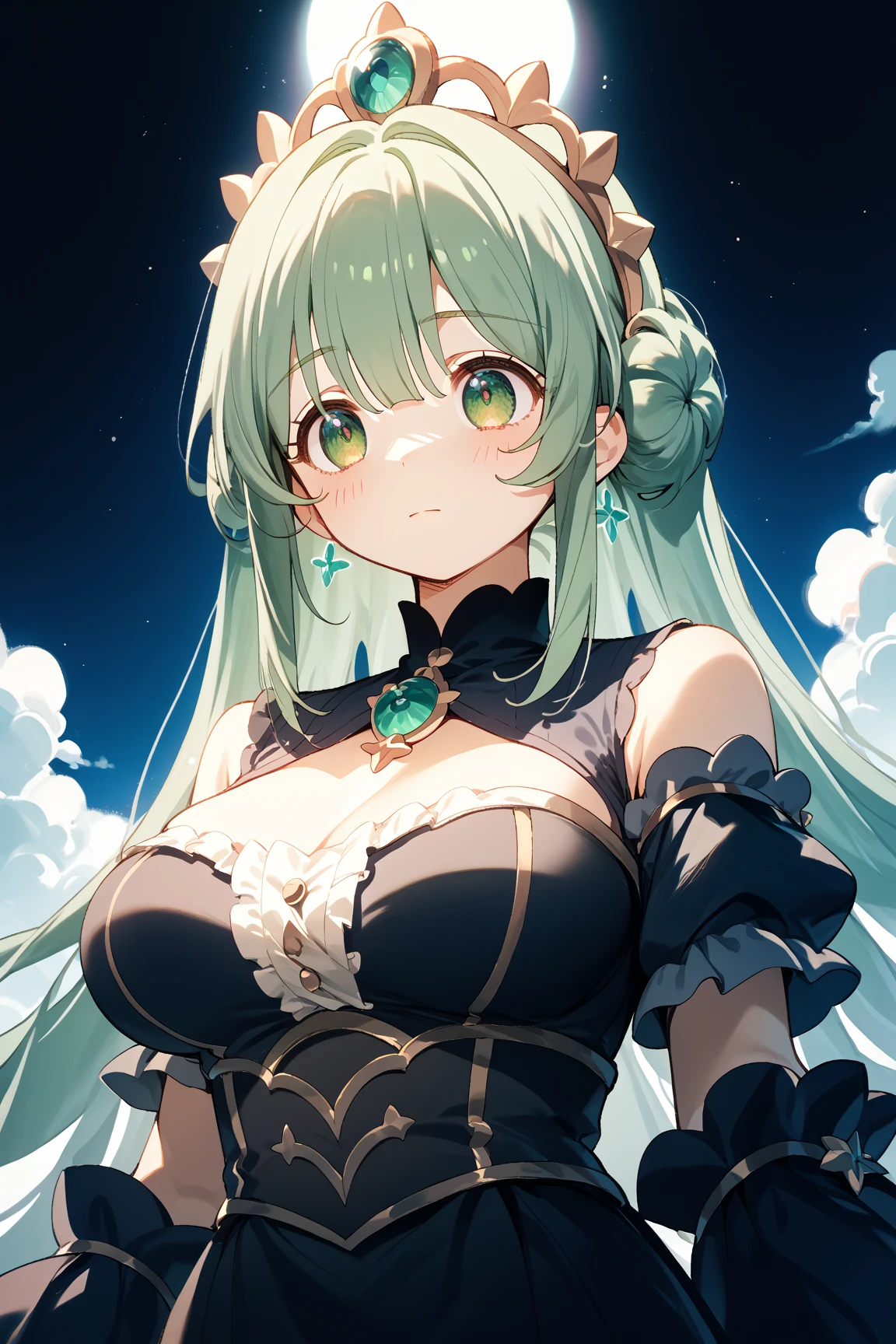Sukesbrook person, Sukesbrook, Browsing Caution, (masterpiece:1.2), (The best quality at its best:1.2), Perfect Eyes, Perfect face, (night),, (Protruding nipples), Upper body, Cleavage close-up, 1 Giant breasts, alone, Mint green eyes, (Moderate), straight, , Intricate black lace underwear,