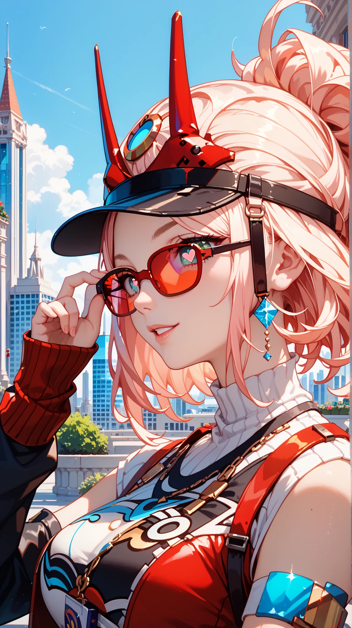 1girl, solo, Rappa from HSR, :o, city background, adjusting eyewear, heart-shaped pupils, jewelry, red eyewear, tinted eyewear, upper body, masterpiece, best quality, amazing quality, very aesthetic, absurdres ,optimal quality,ultra detail,high quality