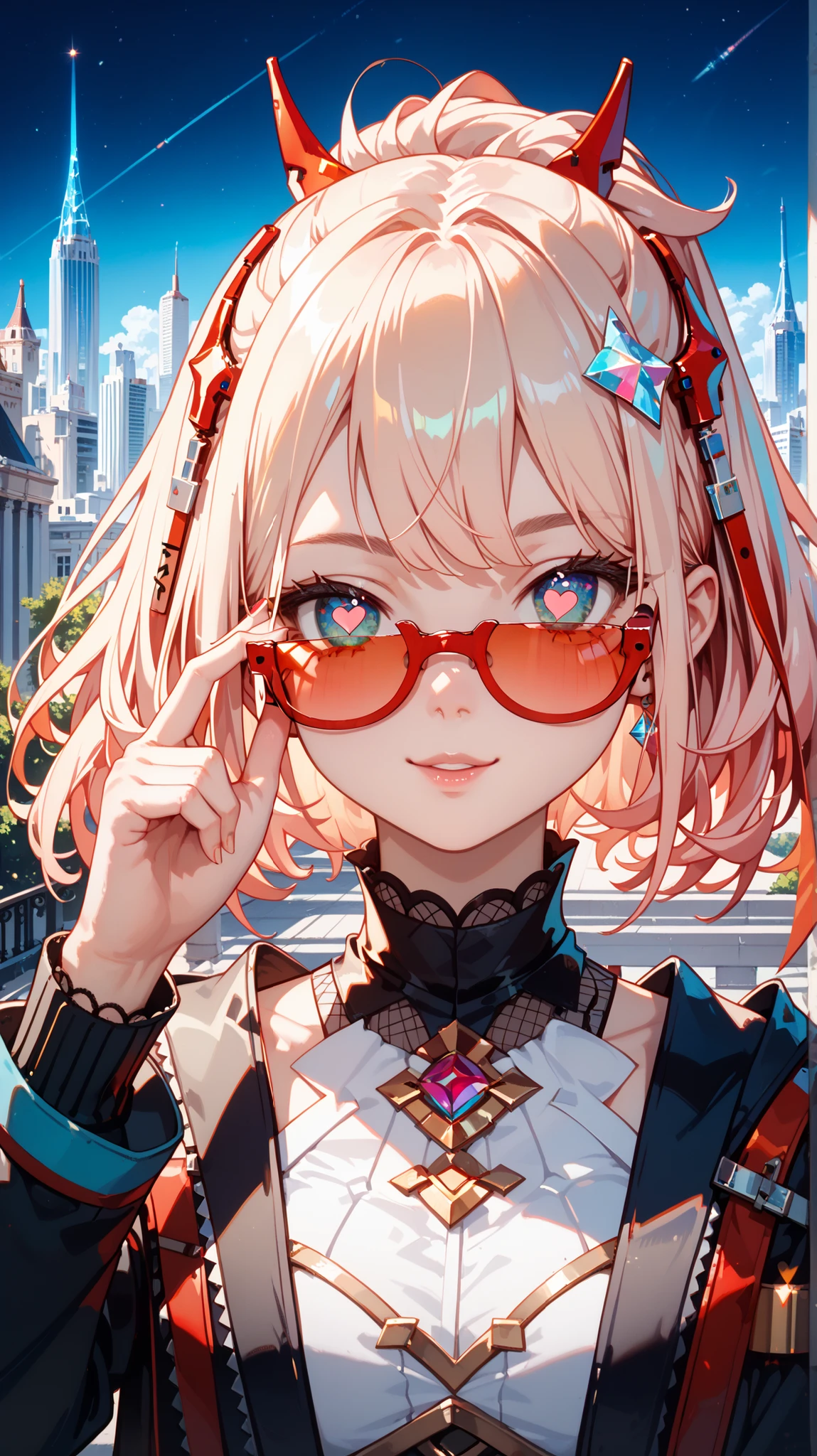 1girl, solo, Rappa from HSR, :o, city background, adjusting eyewear, heart-shaped pupils, jewelry, red eyewear, tinted eyewear, upper body, masterpiece, best quality, amazing quality, very aesthetic, absurdres ,optimal quality,ultra detail,high quality