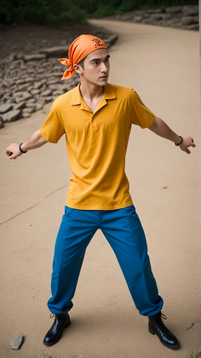 RAW photo, closeup portrait photo of man cf_josh in yellow shirt and blue pants <lora:CF_JOSH-07:0.9>