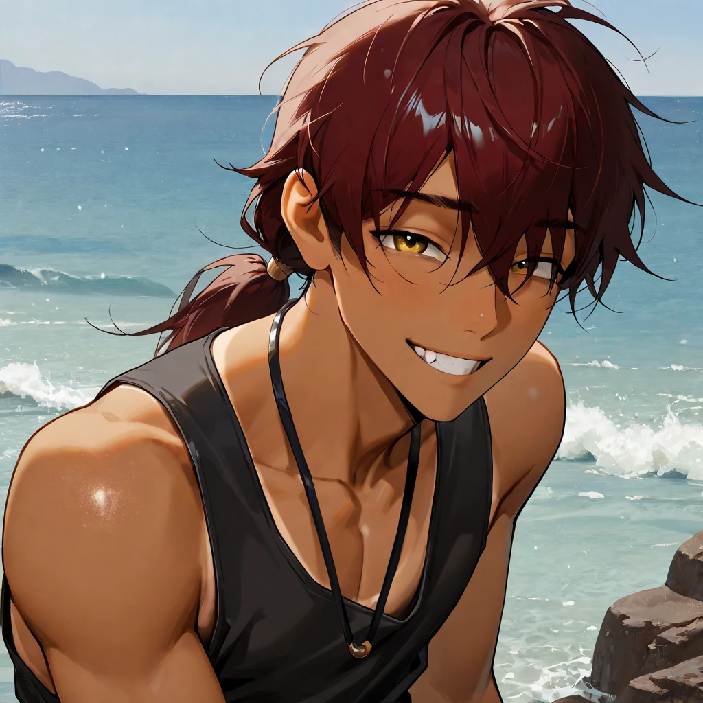 海辺のon the beachポーズをとるビキニ姿の男性, solo, Long Two Side Up Brown Hair Boy, Boy with long brown hair, Boy with Purple Eyes, wearing a swimsuit, wear a swimsuit, wet swimsuit, captivating anime boy, Smooth anime CG art, realistic bikini, Charming anime boys, clothing:bikini swimwear, Beautiful anime boys, on the beach, on the beach, black and yellow trim bikini. Yellow Hairband, anime moe art style, on the beach, Cool anime men, best anime boy